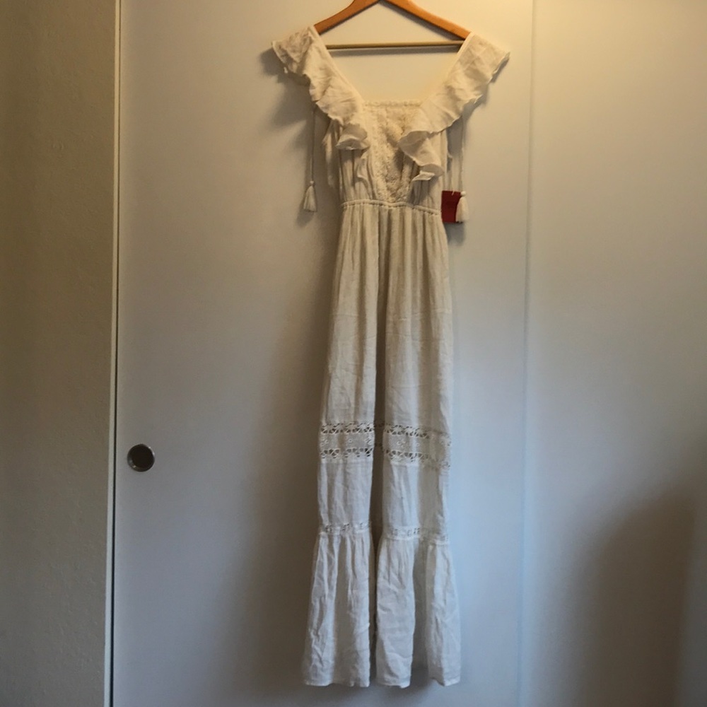 White/cream crepe maxi dress with lace detail